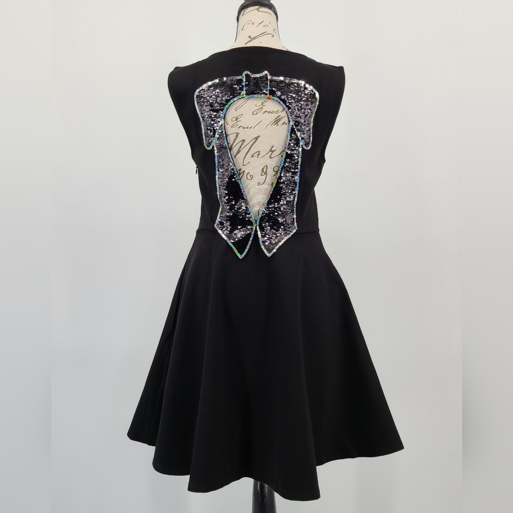 Modcloth Black Sequin Bow Back Fit & Flare Dress Size Medium
